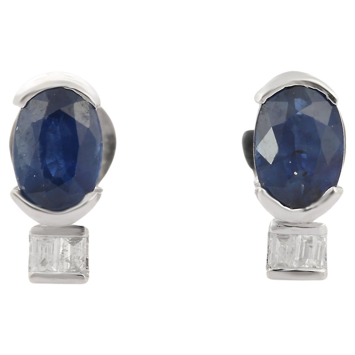 Natural Blue Sapphire and Diamond Stud Earrings in 18K White Gold