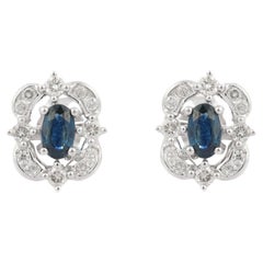 Natural Blue Sapphire and Diamond Stud Earrings in 18K White Gold