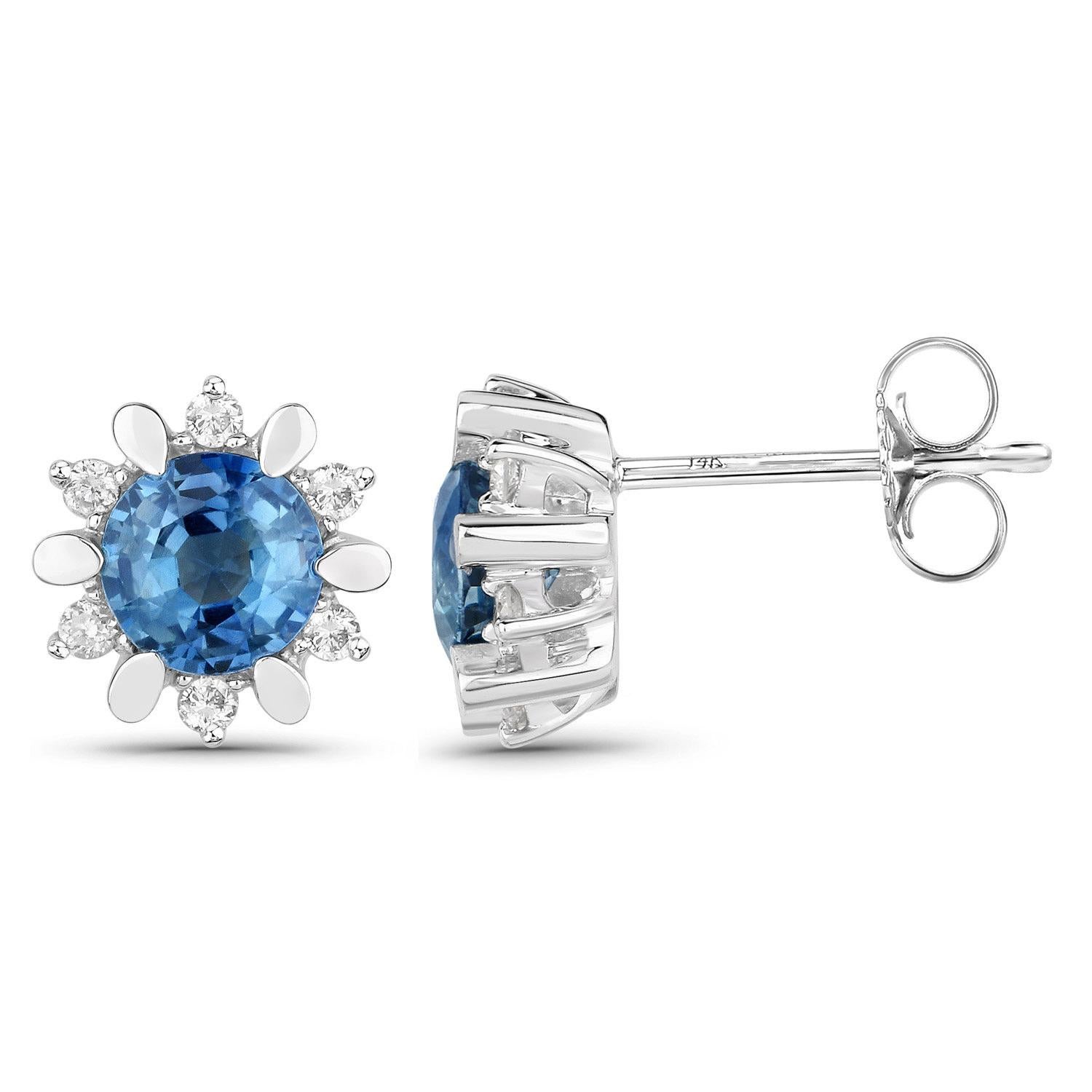 Round Cut Natural Blue Sapphire and Diamond Stud Earrings Total 1.90 Carats 14K White Gold For Sale