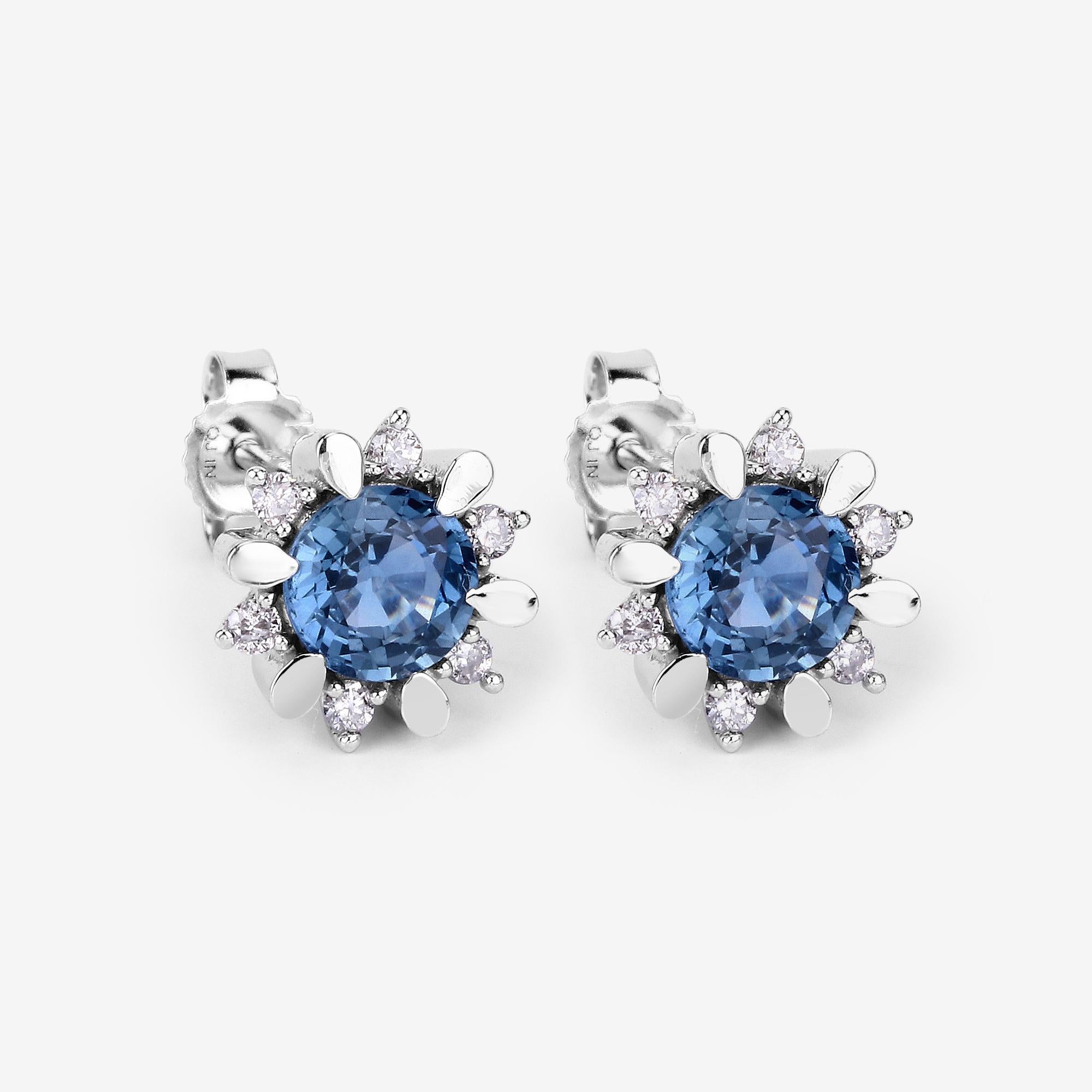 Contemporary Natural Blue Sapphire and Diamond Stud Earrings Total 1.90 Carats 14K White Gold For Sale
