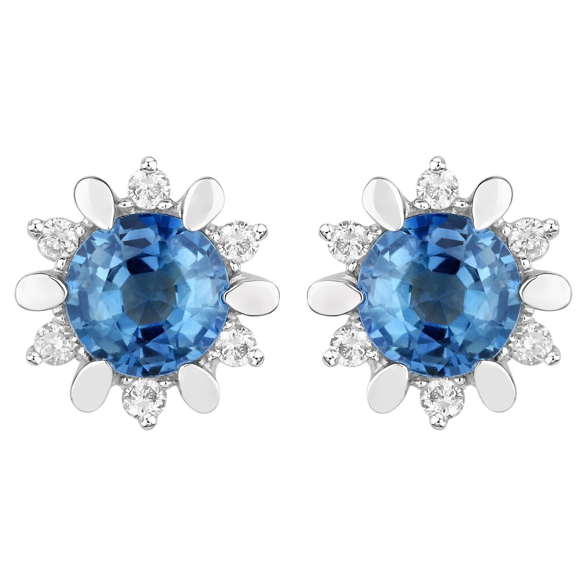 Natural Blue Sapphire and Diamond Stud Earrings Total 1.90 Carats 14K White Gold