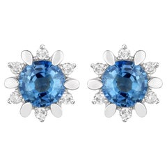 Natural Blue Sapphire and Diamond Stud Earrings Total 1.90 Carats 14K White Gold