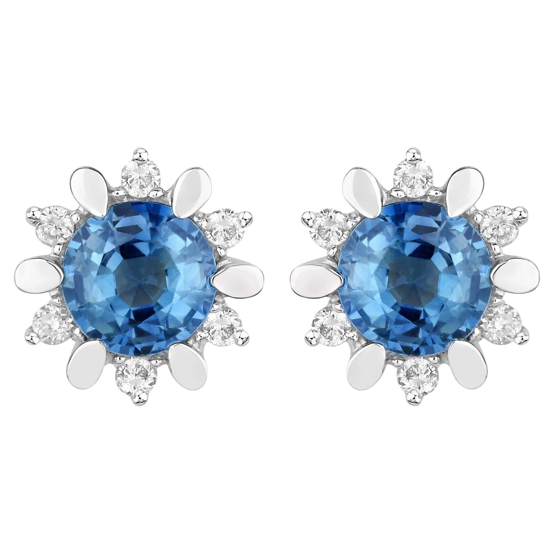 Natural Blue Sapphire and Diamond Stud Earrings Total 1.90 Carats 14K White Gold For Sale