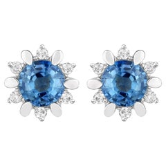 Natural Blue Sapphire and Diamond Stud Earrings Total 1.90 Carats 14K White Gold