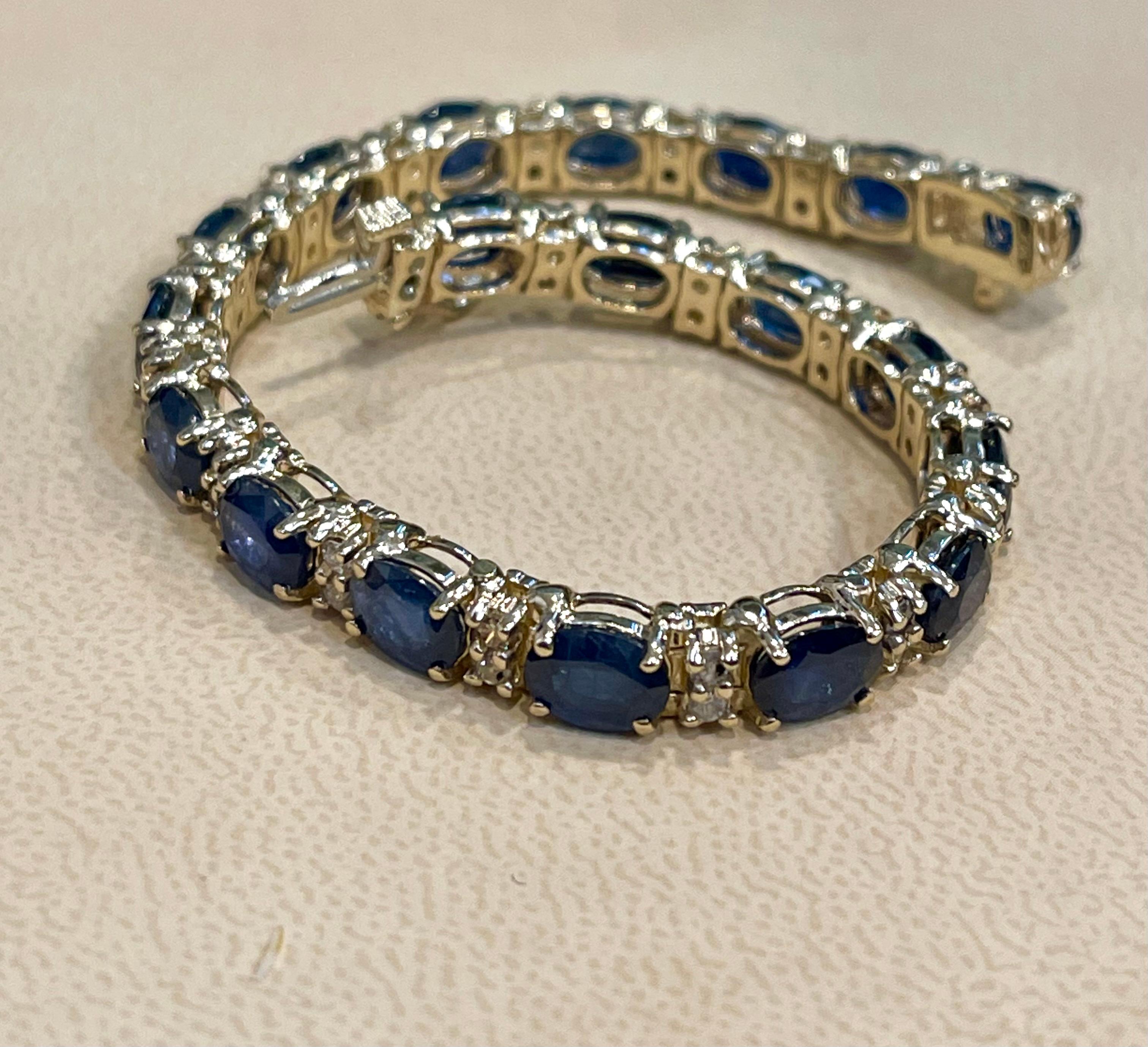 Natural Blue Sapphire and Diamond Tennis Bracelet 14 Karat Yellow Gold For Sale 4