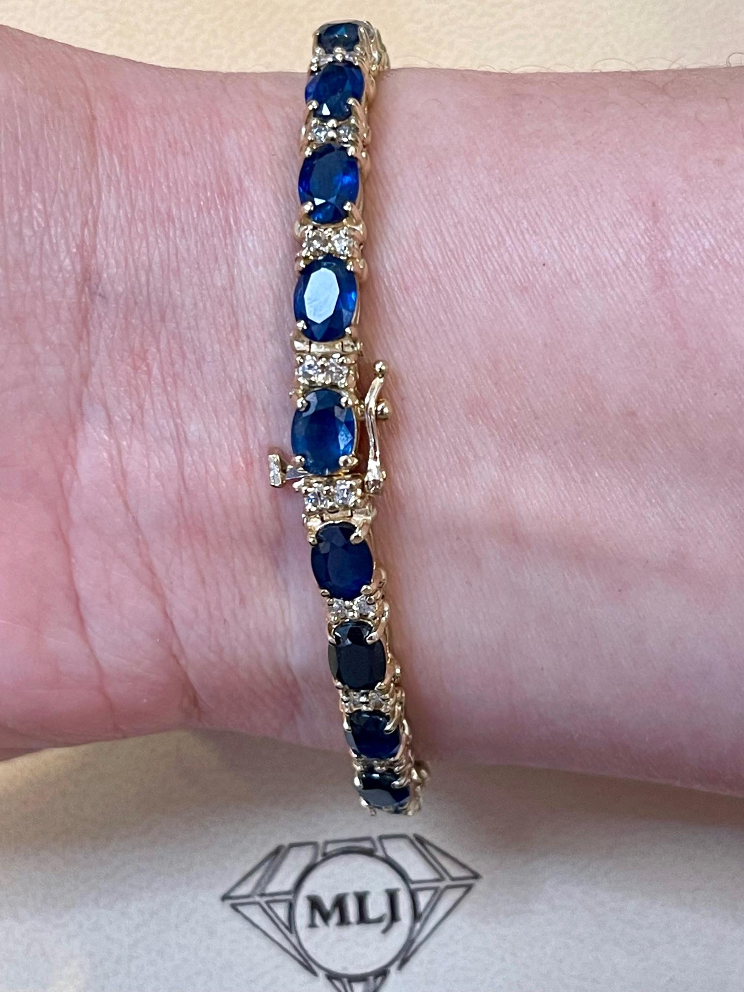 Natural Blue Sapphire and Diamond Tennis Bracelet 14 Karat Yellow Gold For Sale 8
