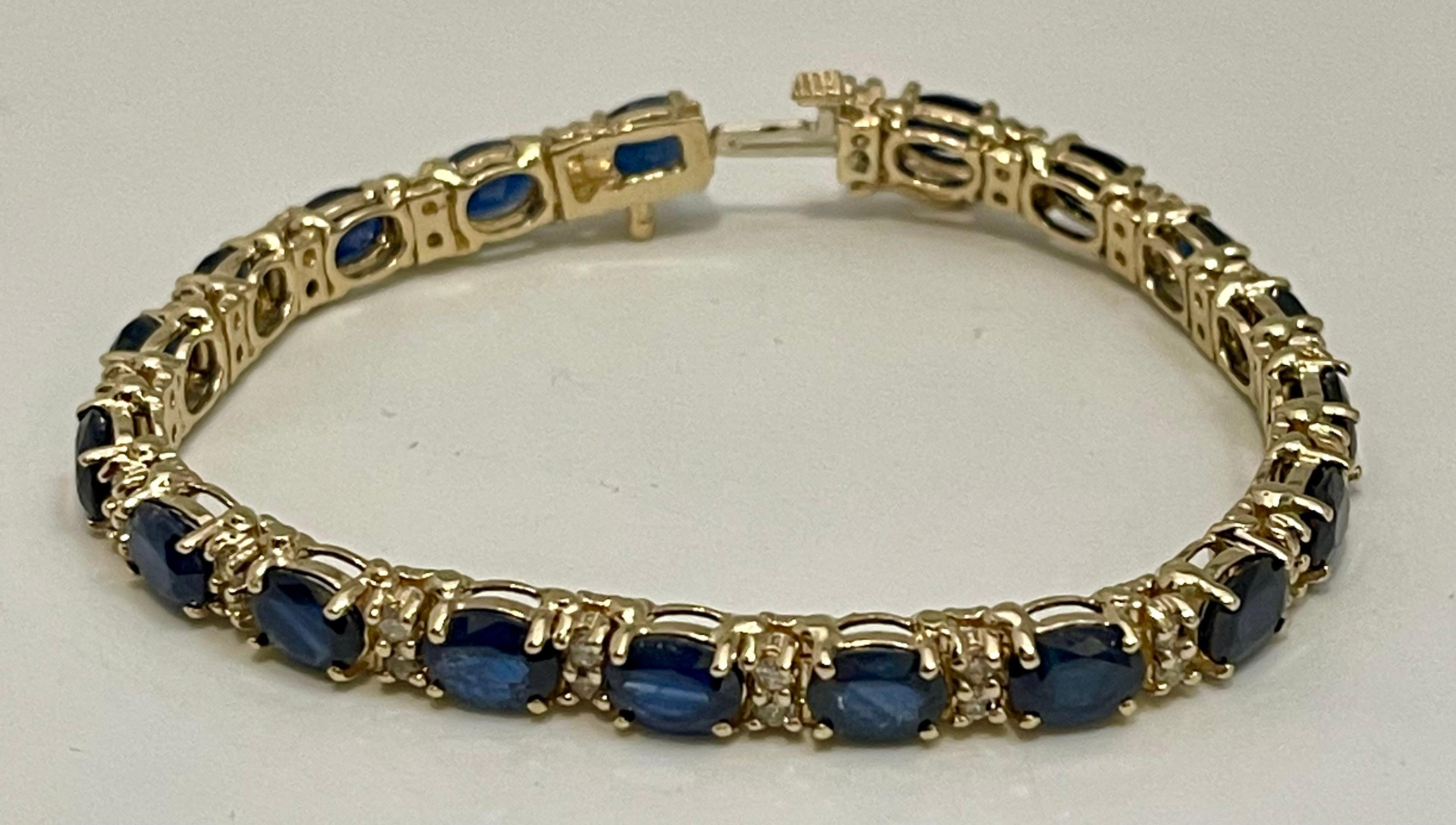 Oval Cut Natural Blue Sapphire and Diamond Tennis Bracelet 14 Karat Yellow Gold For Sale
