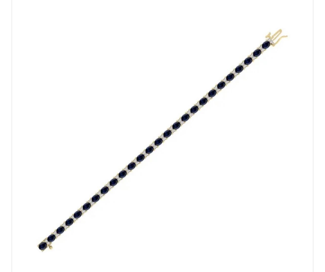 Natural Blue Sapphire and Diamond Tennis Bracelet 14 Karat Yellow Gold In New Condition For Sale In New York, NY