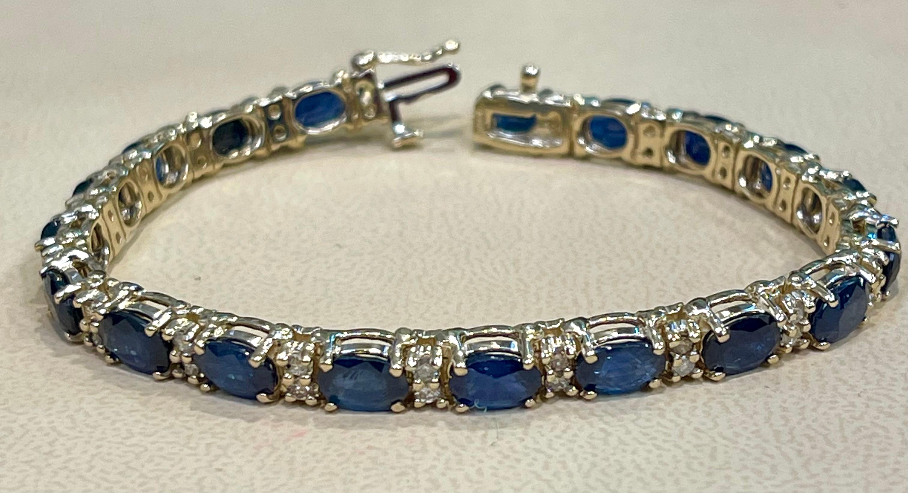 Women's Natural Blue Sapphire and Diamond Tennis Bracelet 14 Karat Yellow Gold For Sale
