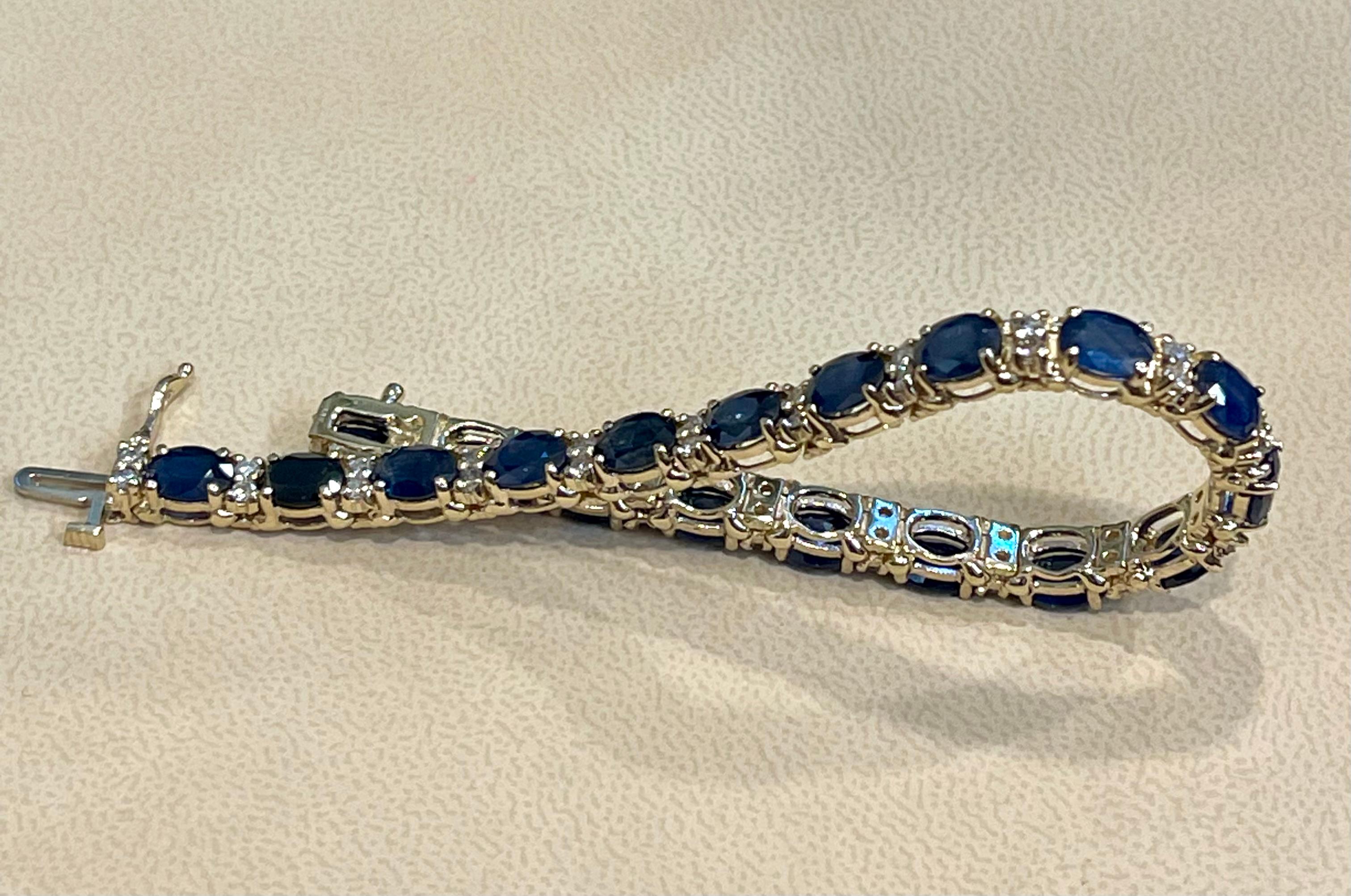 Natural Blue Sapphire and Diamond Tennis Bracelet 14 Karat Yellow Gold For Sale 2