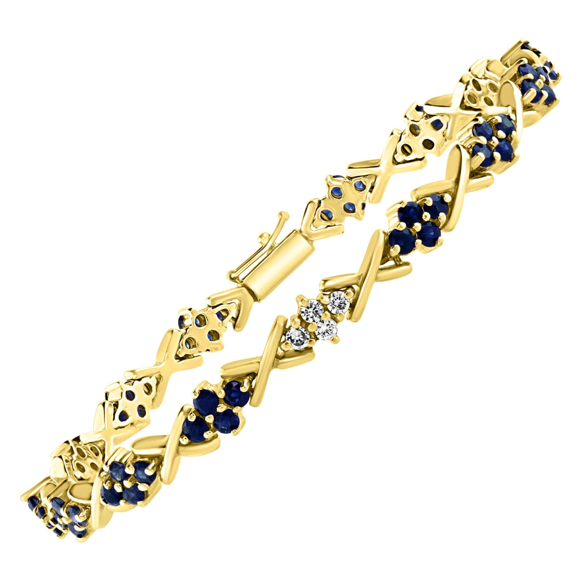 Natural Blue Sapphire and Diamond Tennis Bracelet 14 Karat Yellow Gold 7 Inch