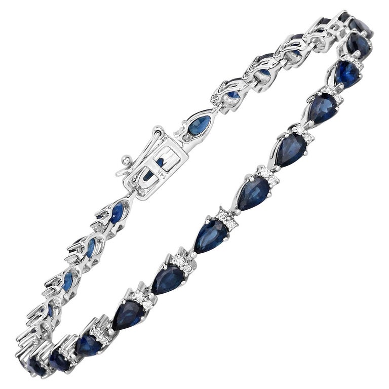 Natural Blue Sapphire and Diamond Tennis Bracelet 5.40 Carats 14k White