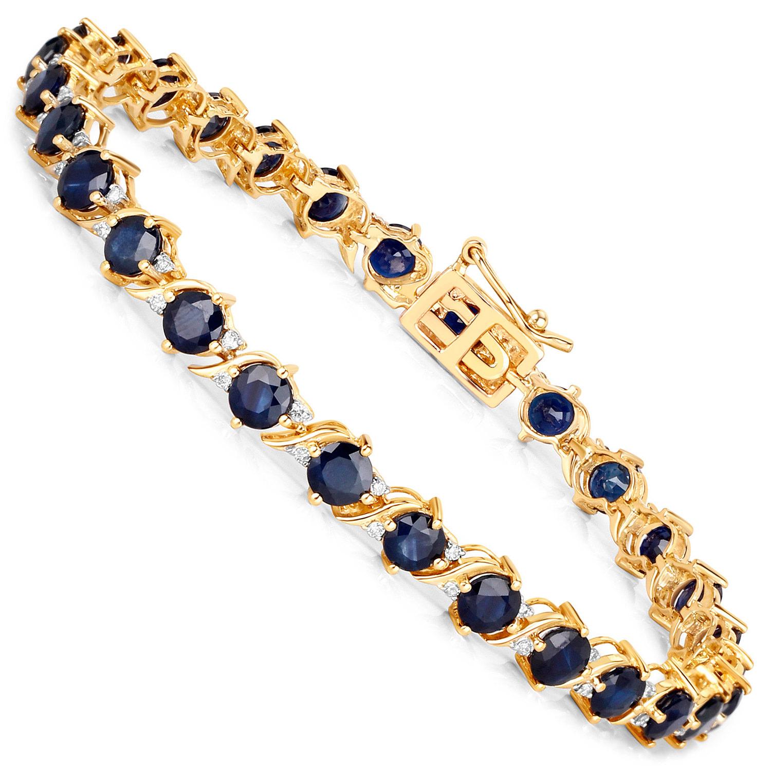 Contemporary Natural Blue Sapphire and Diamond Tennis Bracelet 8.10 Carats 14K Yellow Gold For Sale