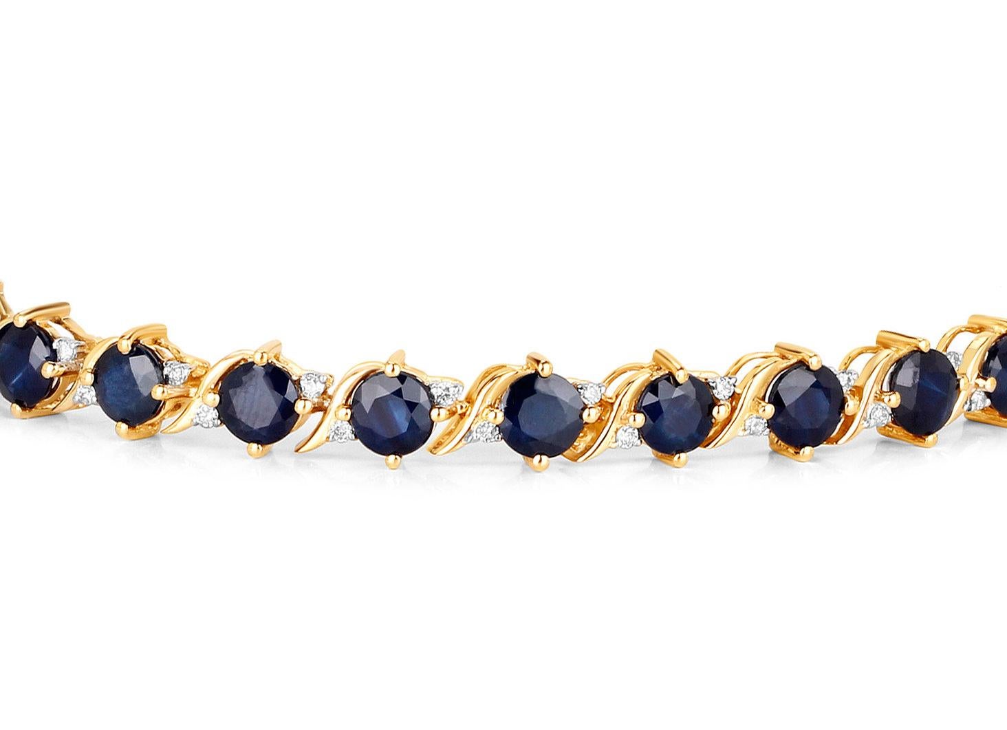 Round Cut Natural Blue Sapphire and Diamond Tennis Bracelet 8.10 Carats 14K Yellow Gold For Sale