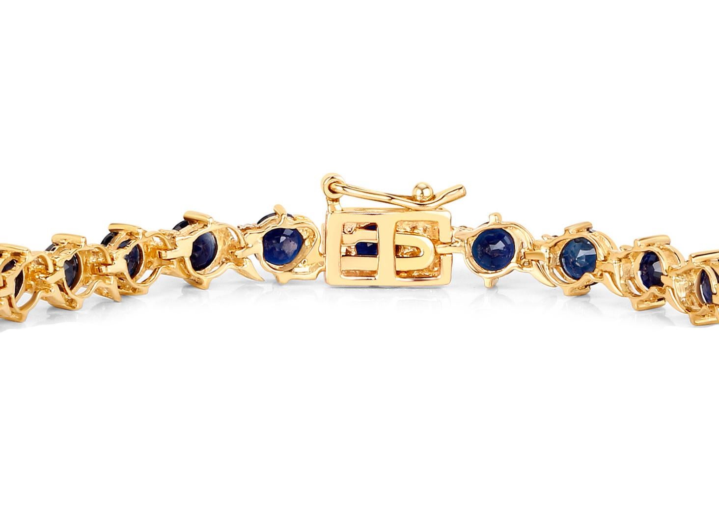 Natural Blue Sapphire and Diamond Tennis Bracelet 8.10 Carats 14K Yellow Gold In Excellent Condition For Sale In Laguna Niguel, CA