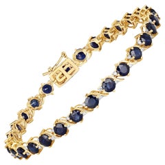 Natural Blue Sapphire and Diamond Tennis Bracelet 8.10 Carats 14k Yellow Gold