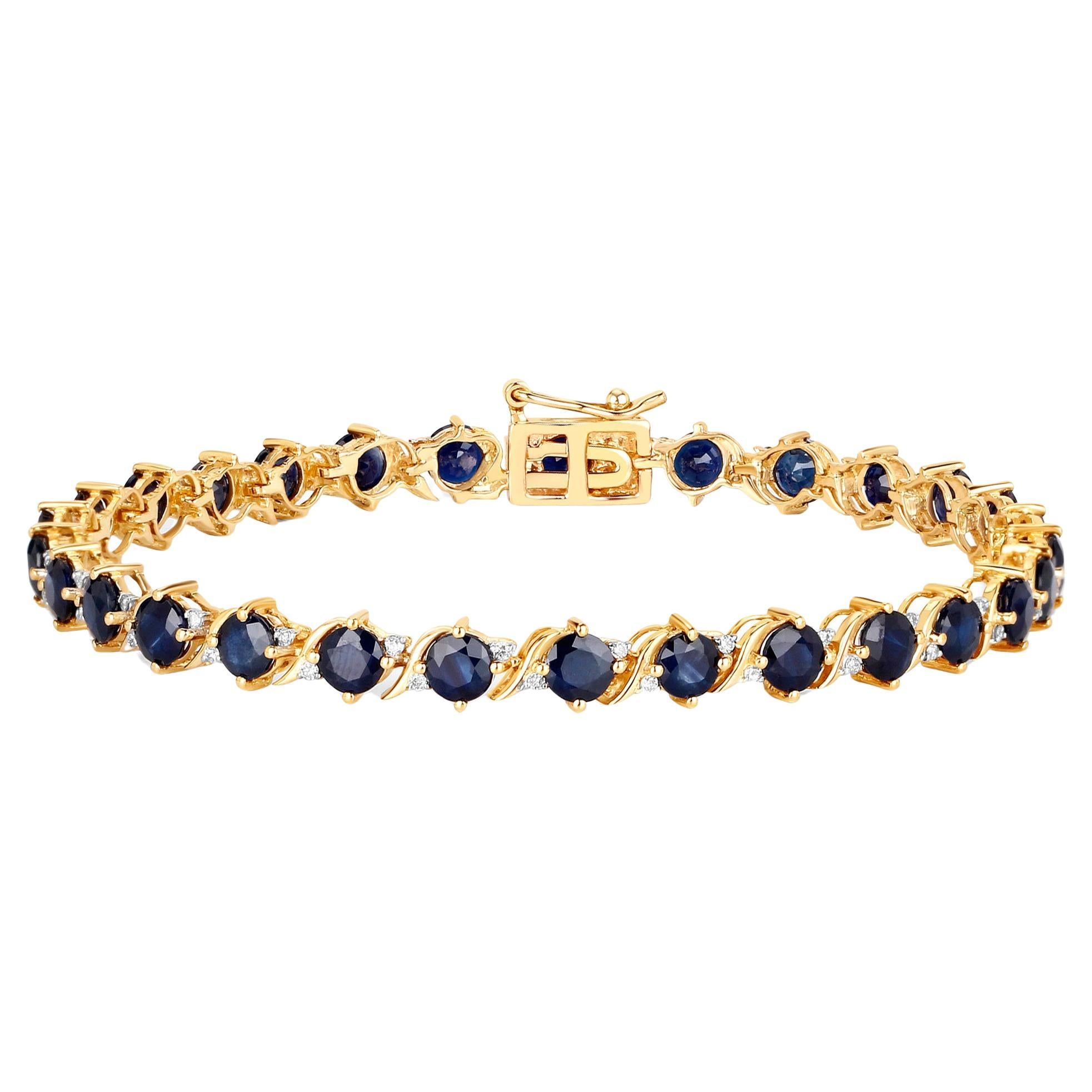 Natural Blue Sapphire and Diamond Tennis Bracelet 8.10 Carats 14K Yellow Gold For Sale