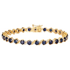 Natural Blue Sapphire and Diamond Tennis Bracelet 8.10 Carats 14K Yellow Gold