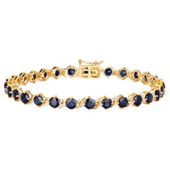 Bracelet tennis en or jaune 14 carats avec saphir bleu naturel et diamants de 8,10 carats