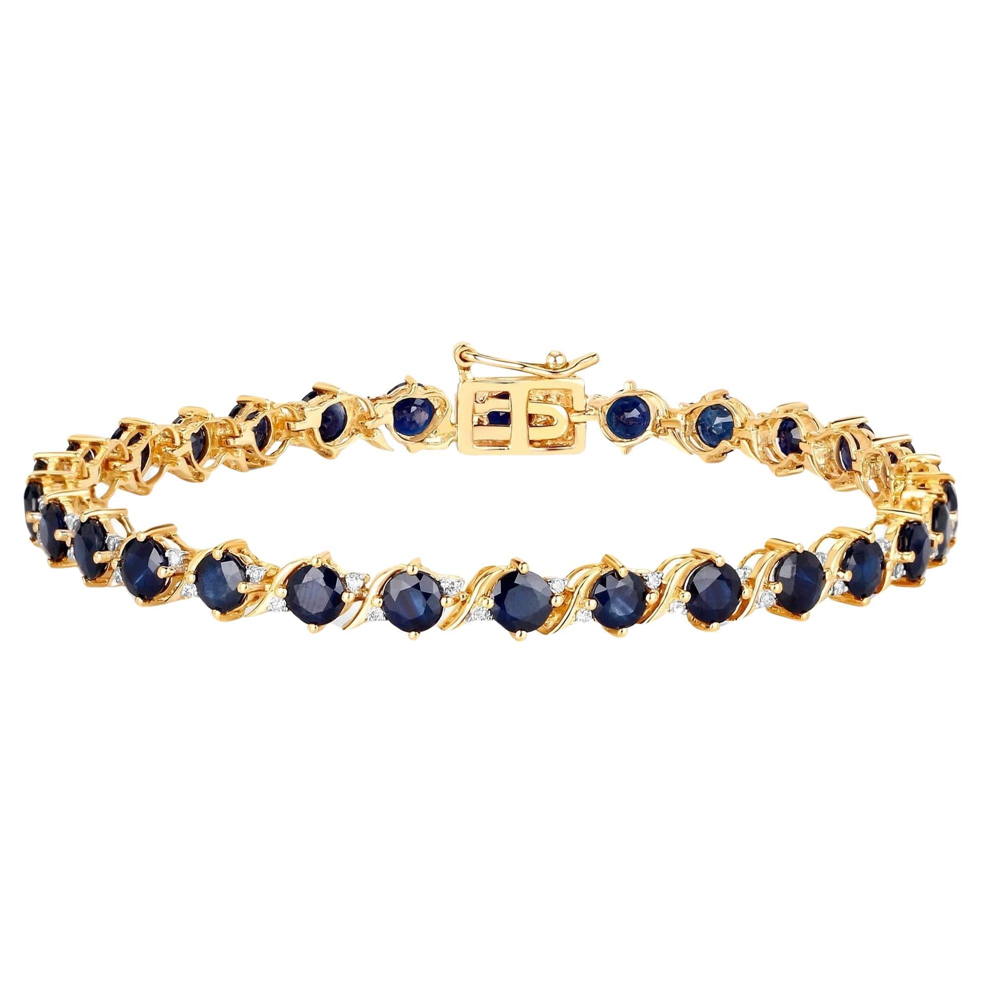 Natural Blue Sapphire and Diamond Tennis Bracelet 8.10 Carats 14K Yellow Gold For Sale