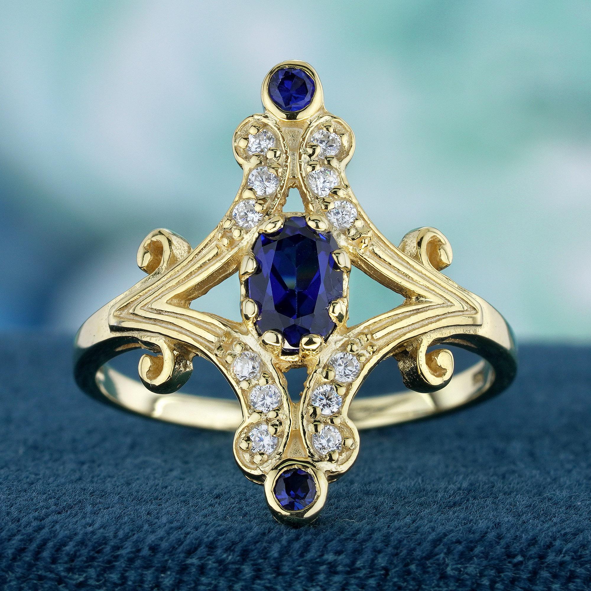Step into a world of timeless elegance with this vintage-inspired ring. The centerpiece is an oval-shaped natural blue sapphire, whose deep blue hue is reminiscent of royalty and sophistication. The band likely splits into two separate strands at