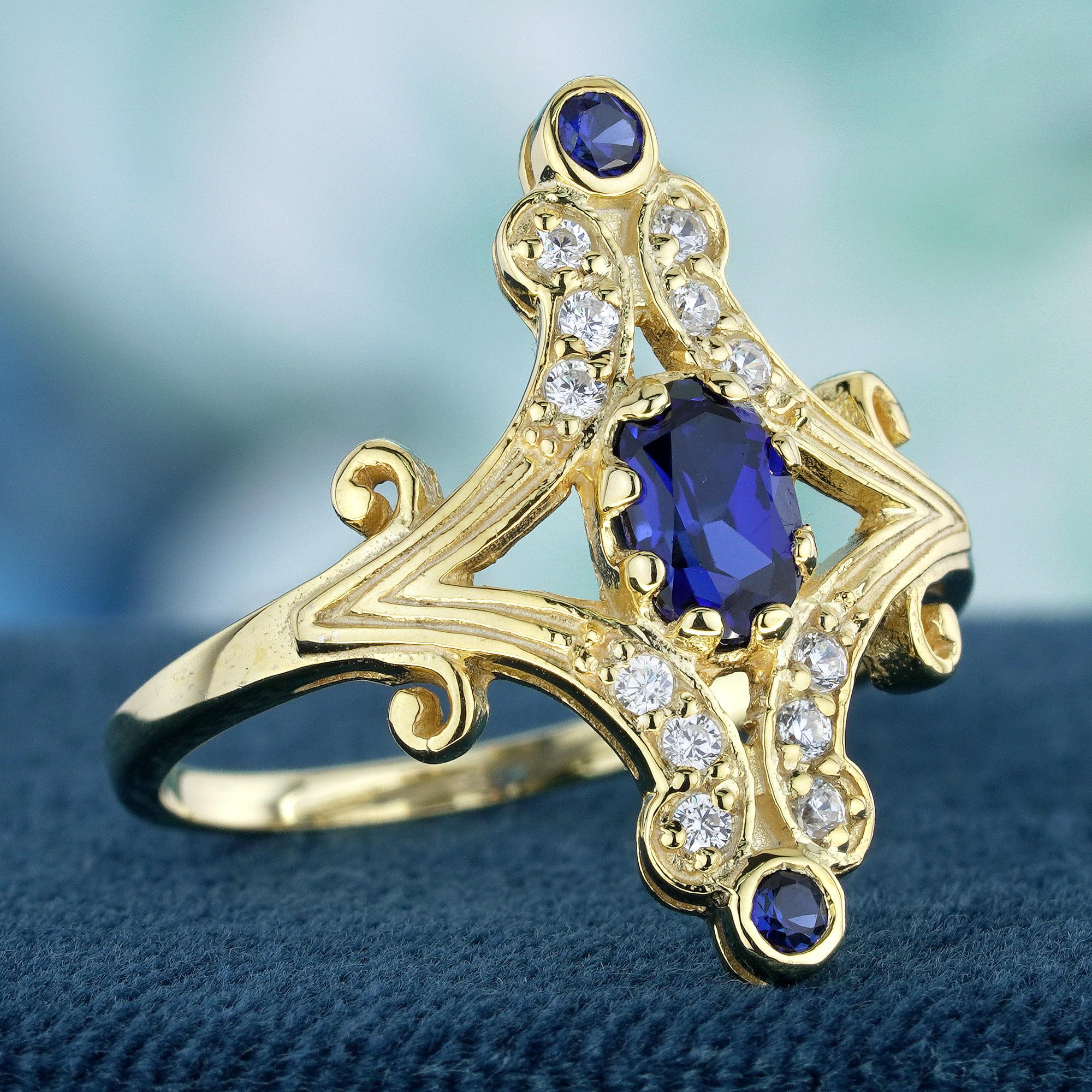 Edwardian Natural Blue Sapphire and Diamond Vintage Style Cocktail Ring in Solid 9K Gold For Sale