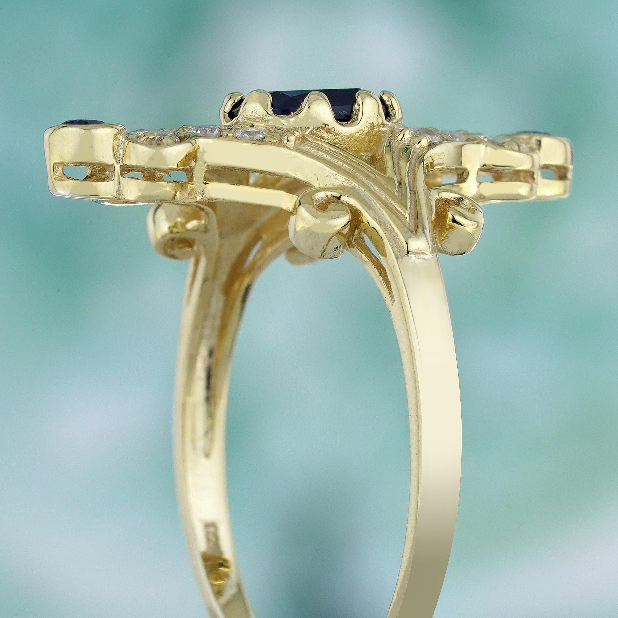 Natural Blue Sapphire and Diamond Vintage Style Cocktail Ring in Solid 9K Gold In New Condition For Sale In Bangkok, TH