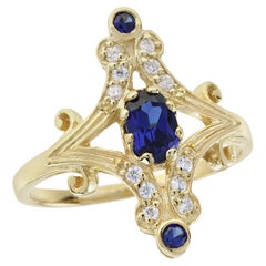 Natural Blue Sapphire and Diamond Vintage Style Cocktail Ring in Solid 9K Gold