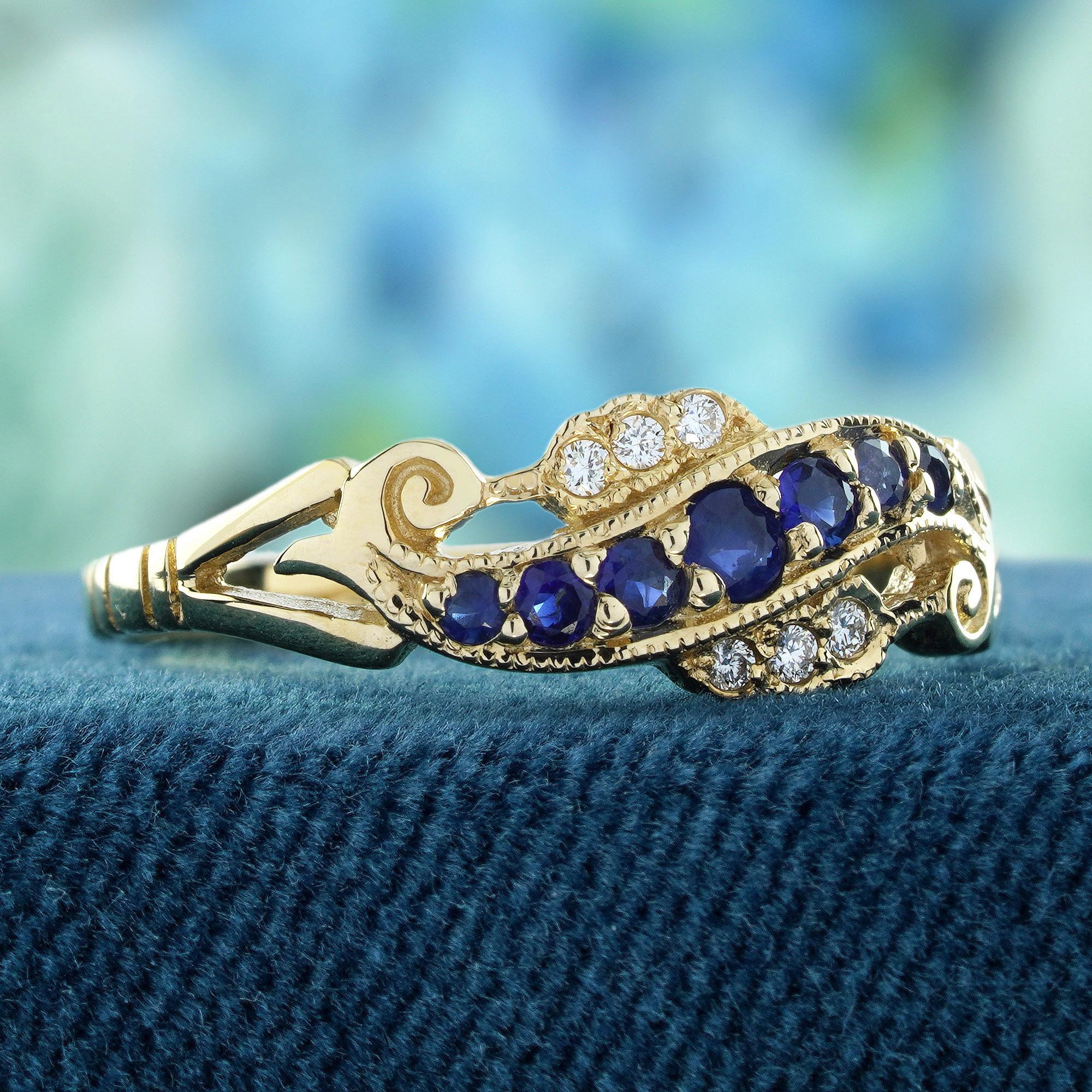 Édouardien Bague de style vintage en or massif 9K avec saphir bleu naturel et diamant en vente