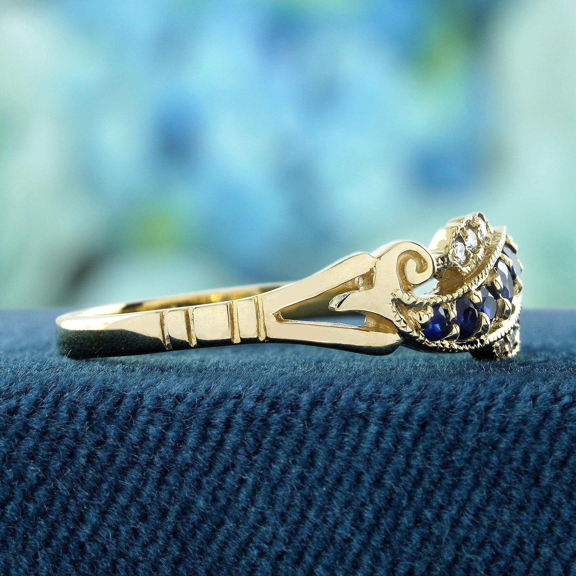 Taille ronde Bague de style vintage en or massif 9K avec saphir bleu naturel et diamant en vente