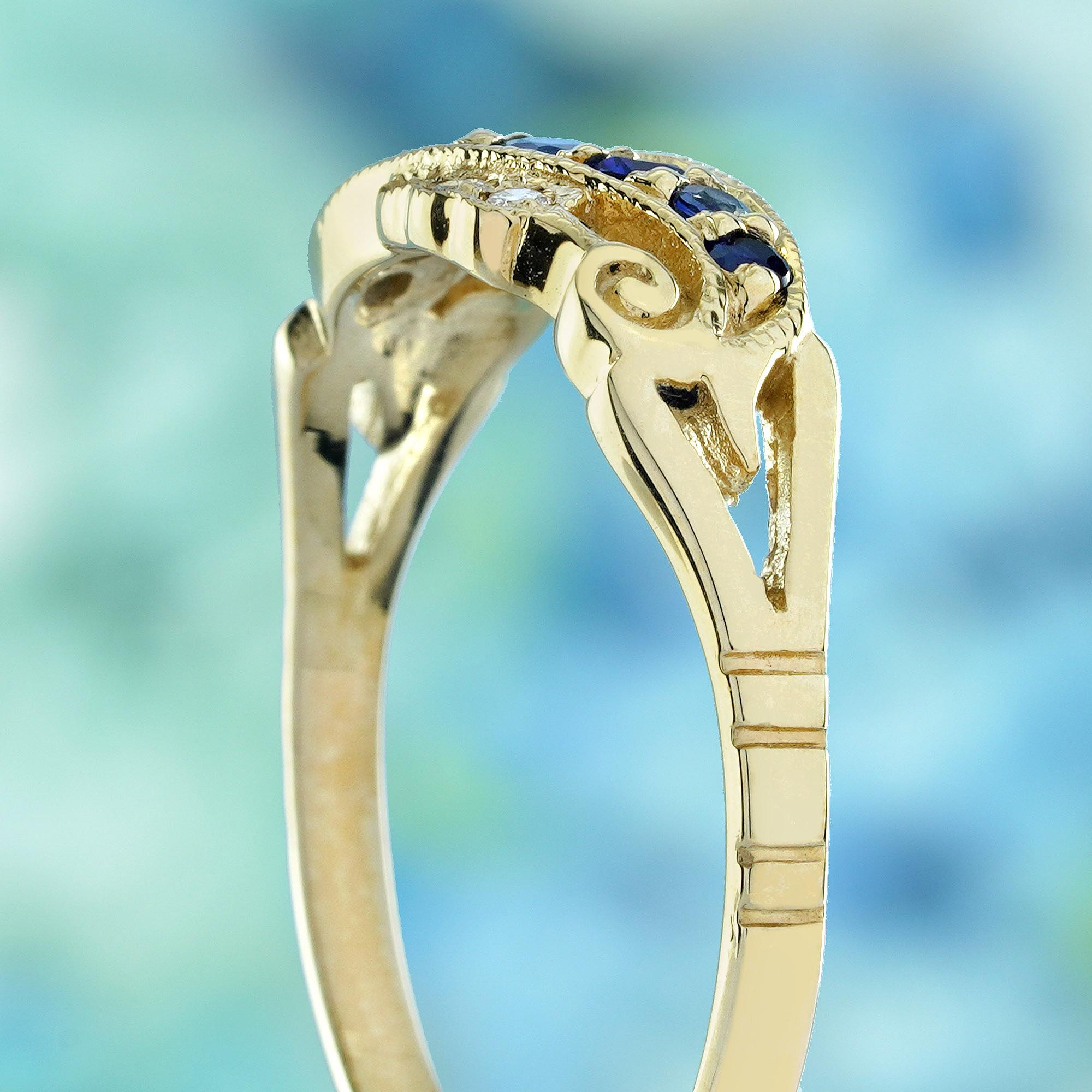 Bague de style vintage en or massif 9K avec saphir bleu naturel et diamant Pour femmes en vente