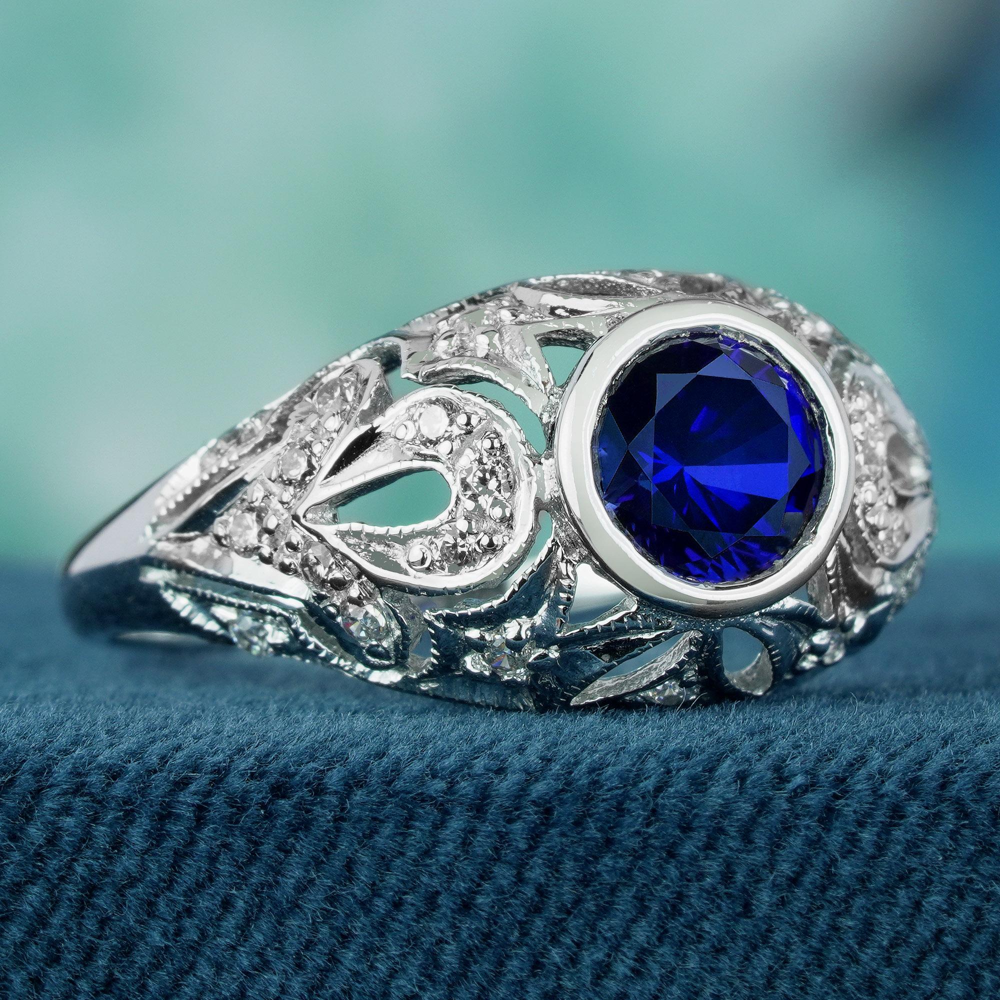 Edwardian Natural Blue Sapphire and Diamond Vintage Style Dome Ring in Solid 9K White Gold For Sale