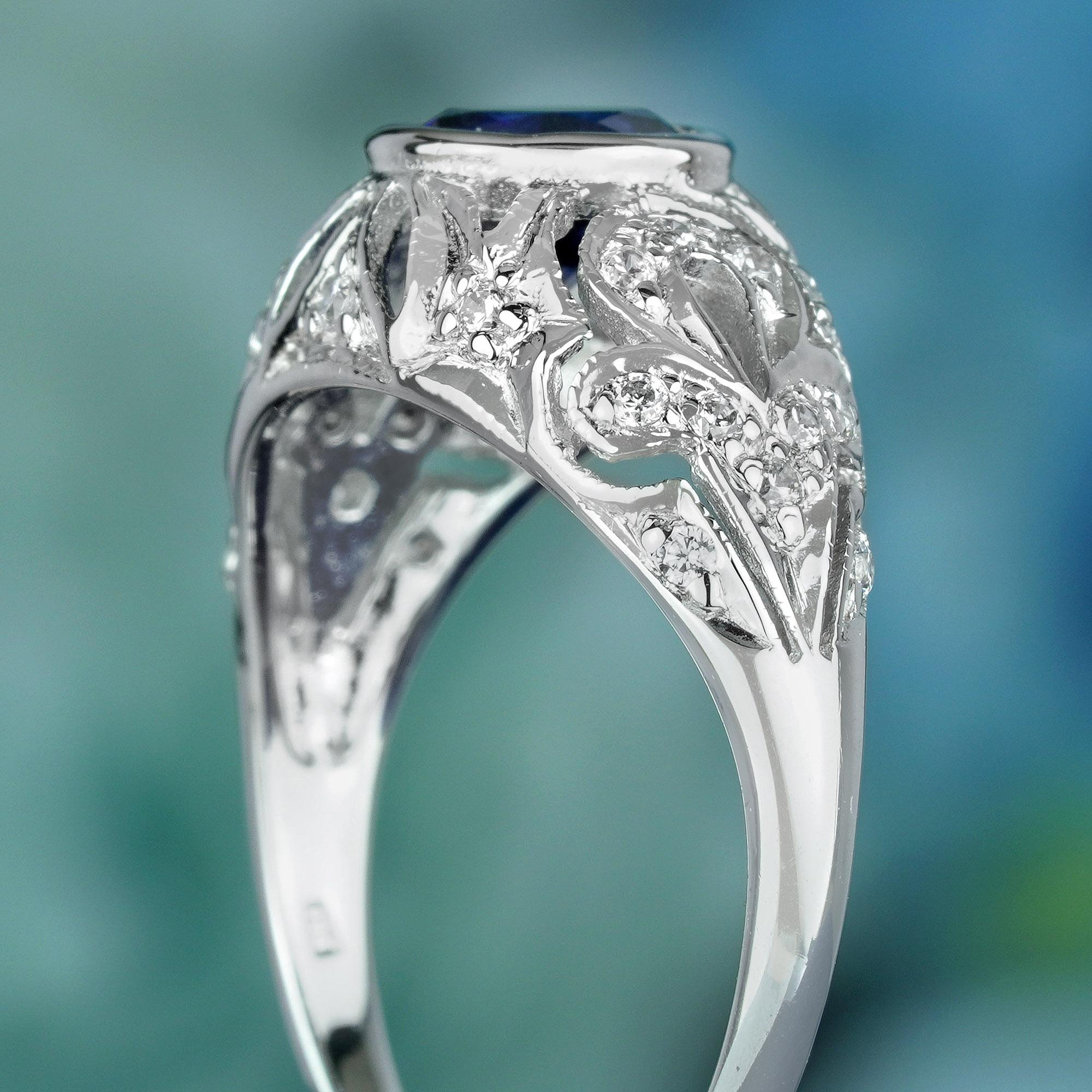 Natürlicher blauer Saphir und Diamant Vintage Style Dome Ring in massivem 9K Weißgold Damen im Angebot