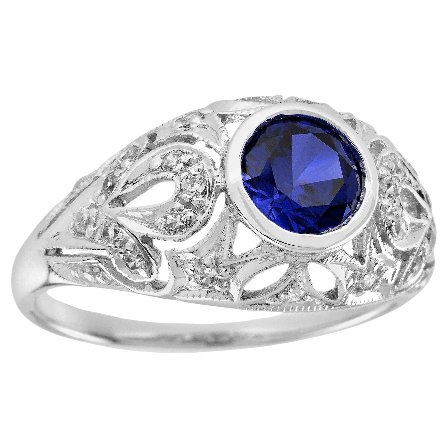 Natural Blue Sapphire and Diamond Vintage Style Dome Ring in Solid 9K White Gold For Sale