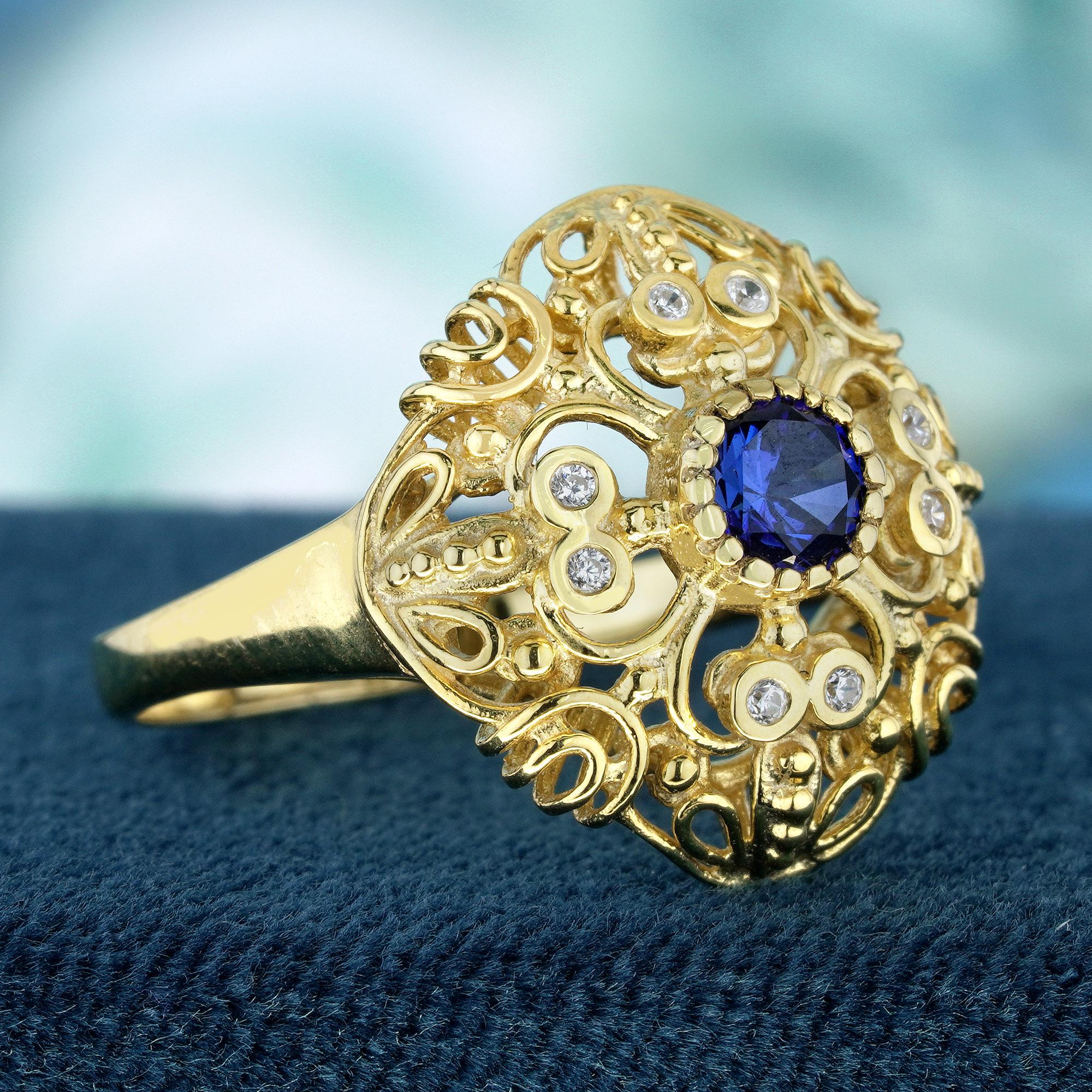 Edwardian Natural Blue Sapphire and Diamond Vintage Style Filigree Ring in Solid 9K Gold For Sale