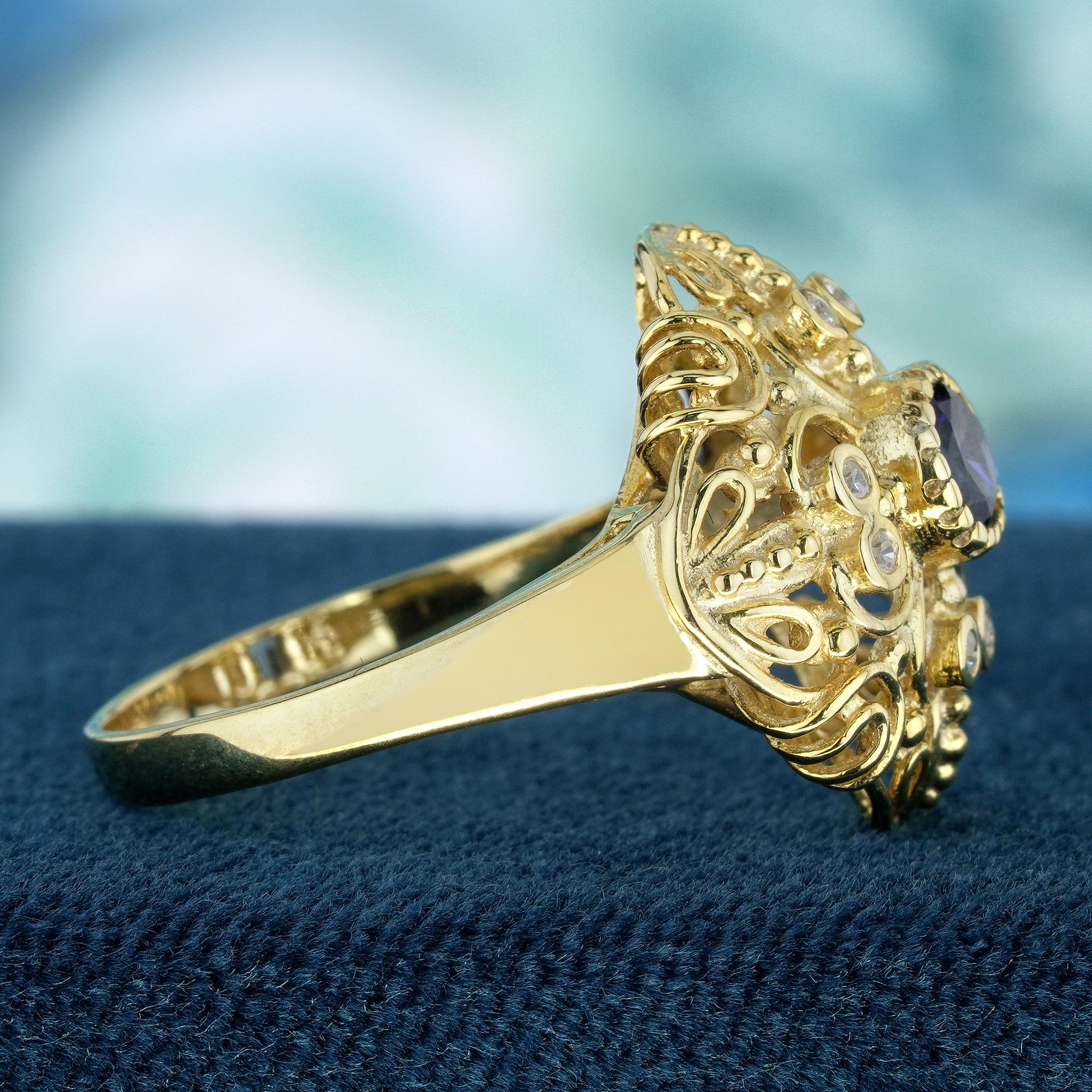 Round Cut Natural Blue Sapphire and Diamond Vintage Style Filigree Ring in Solid 9K Gold For Sale
