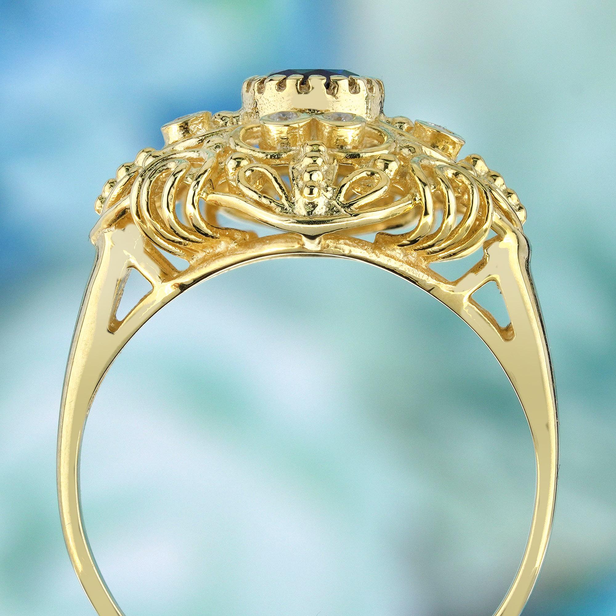 Natural Blue Sapphire and Diamond Vintage Style Filigree Ring in Solid 9K Gold In New Condition For Sale In Bangkok, TH