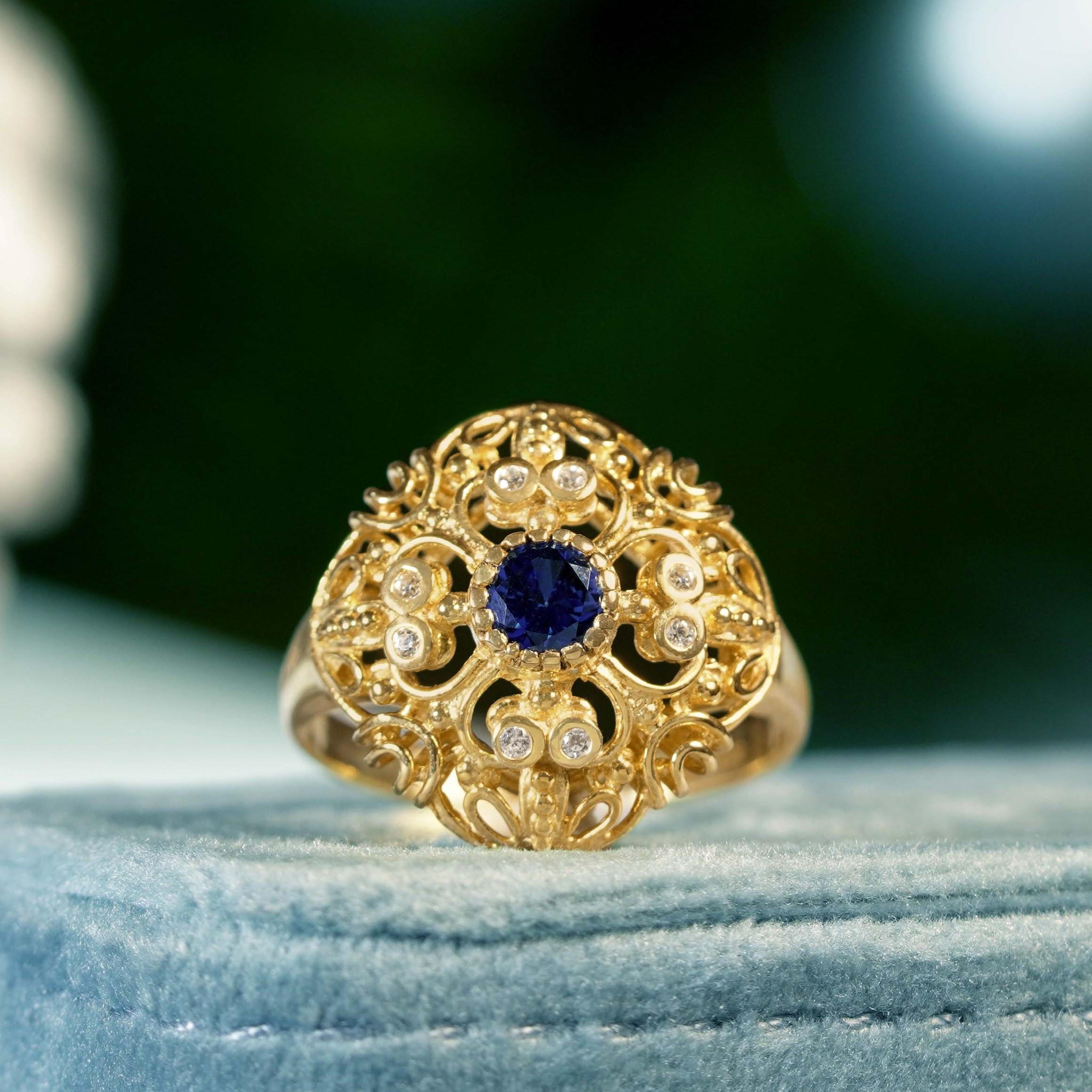 Natural Blue Sapphire and Diamond Vintage Style Filigree Ring in Solid 9K Gold For Sale 1