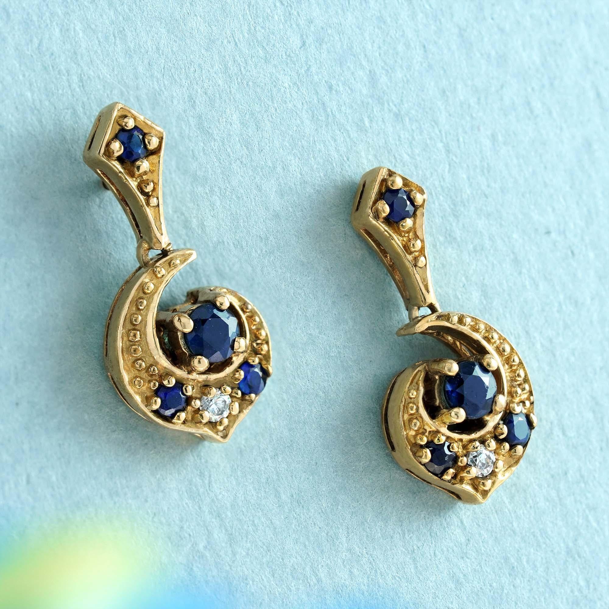 Edwardian Natural Blue Sapphire and Diamond Vintage Style Moon Earrings in Solid 9K Gold