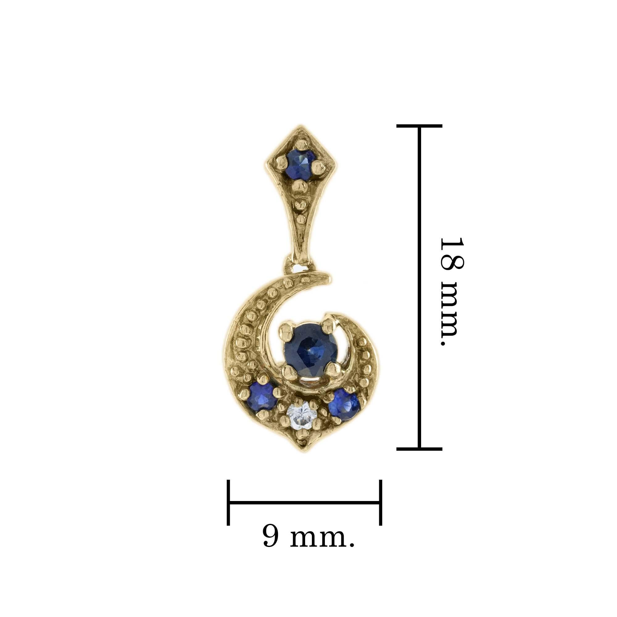 Natural Blue Sapphire and Diamond Vintage Style Moon Earrings in Solid 9K Gold In New Condition In Bangkok, TH