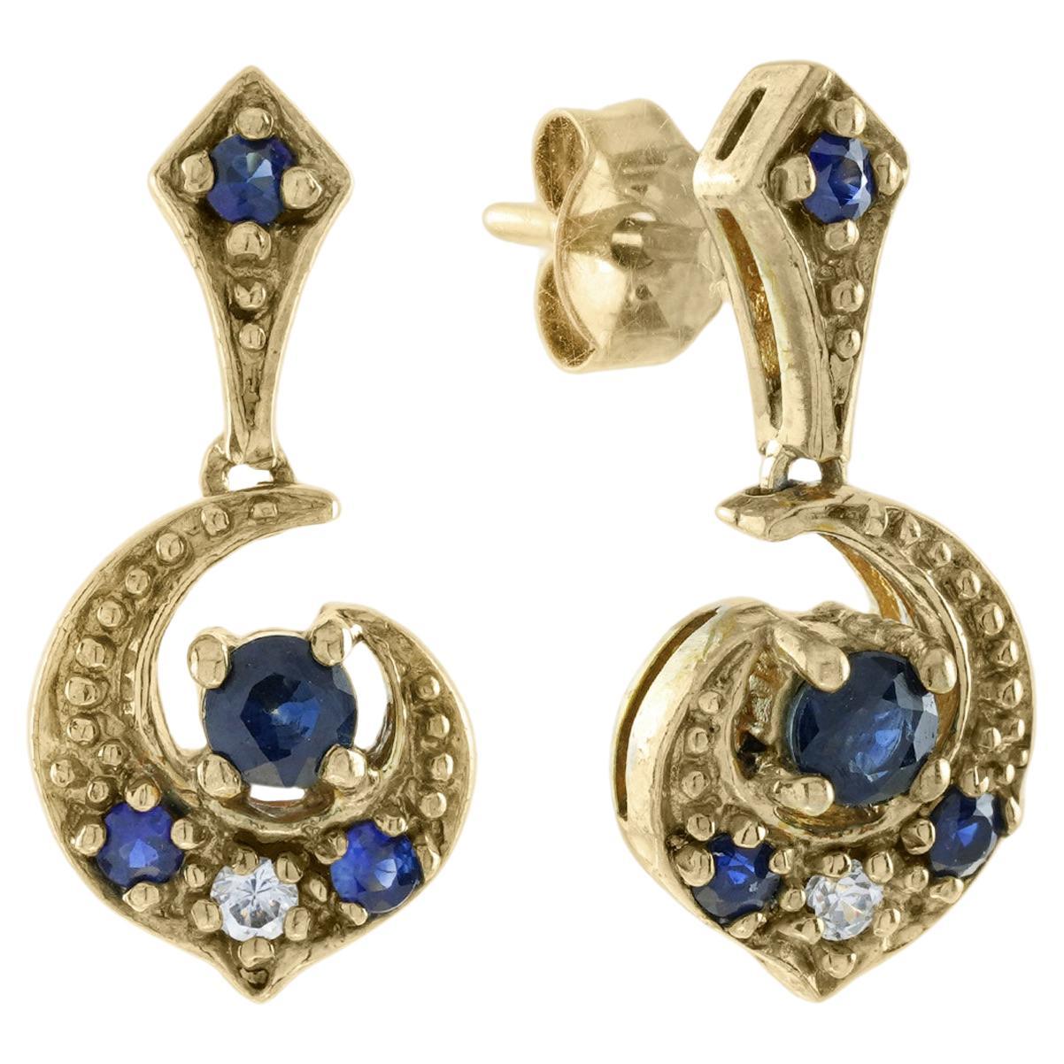 Natural Blue Sapphire and Diamond Vintage Style Moon Earrings in Solid 9K Gold