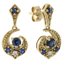 Natural Blue Sapphire and Diamond Vintage Style Moon Earrings in Solid 9K Gold