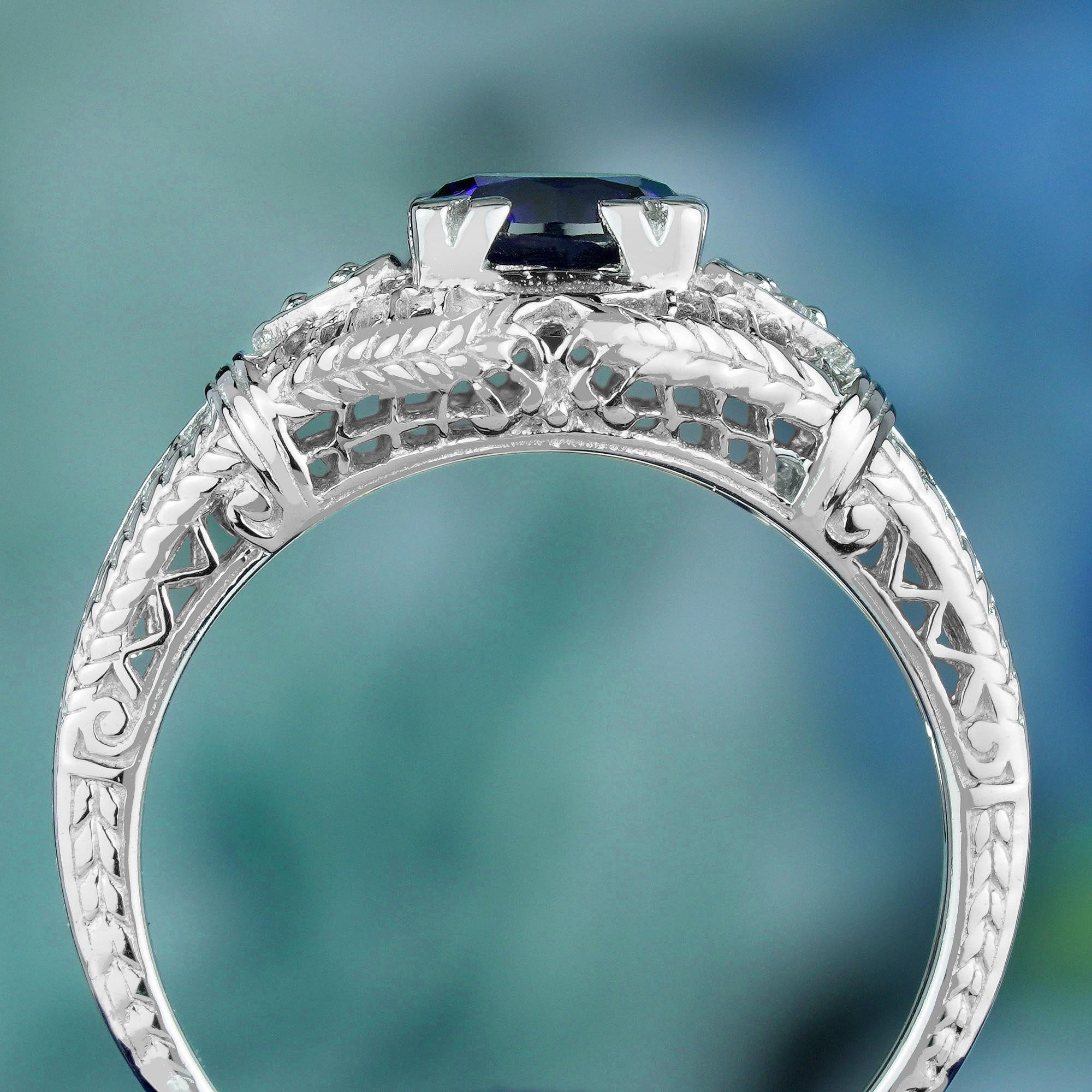 Natural Blue Sapphire and Diamond Vintage Style Ring in Solid 9K White Gold In New Condition For Sale In Bangkok, TH