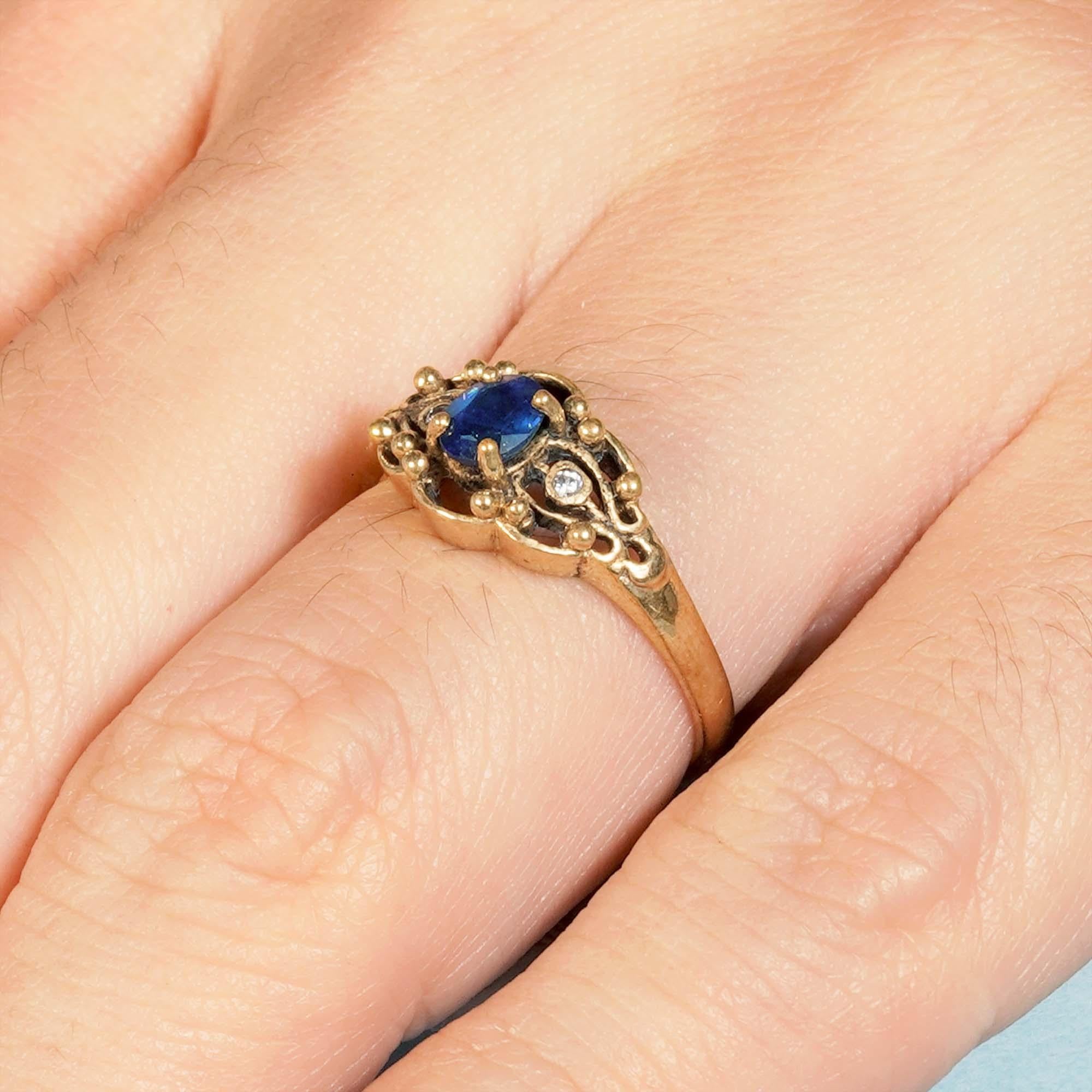 Natural Blue Sapphire and Diamond Vintage Style Ring in Solid 9K Yellow Gold 11