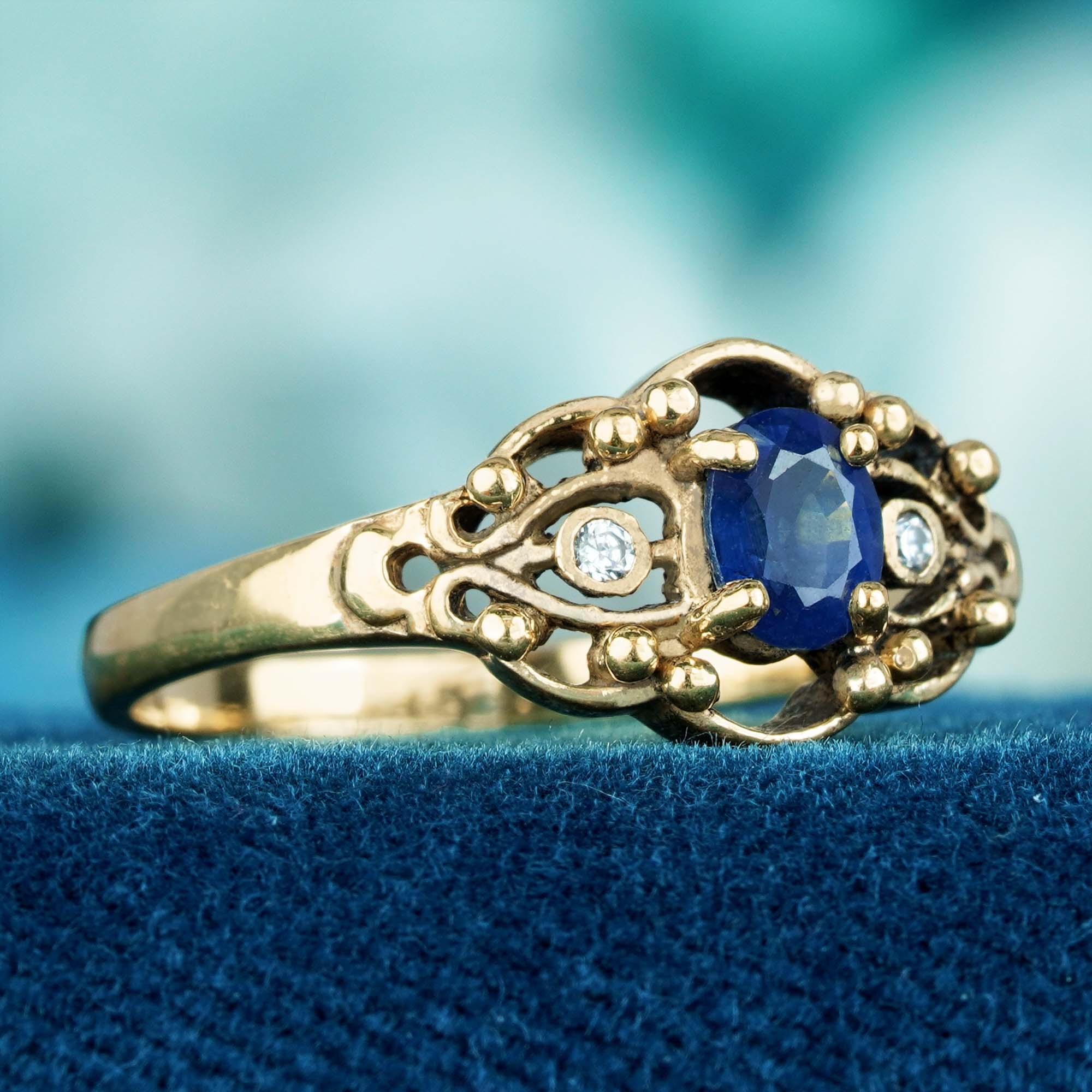 Natural Blue Sapphire and Diamond Vintage Style Ring in Solid 9K Yellow Gold 3