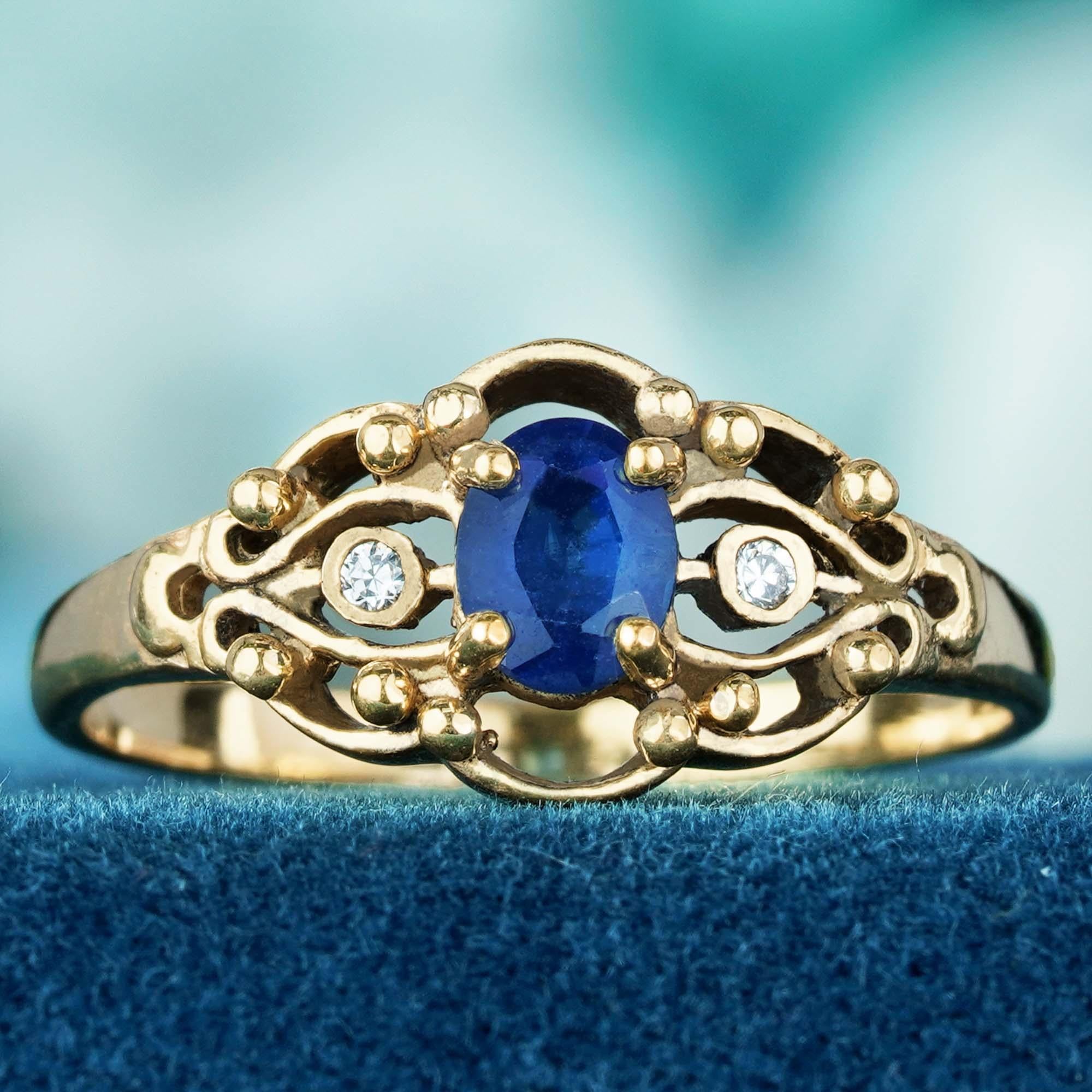 Natural Blue Sapphire and Diamond Vintage Style Ring in Solid 9K Yellow Gold 2