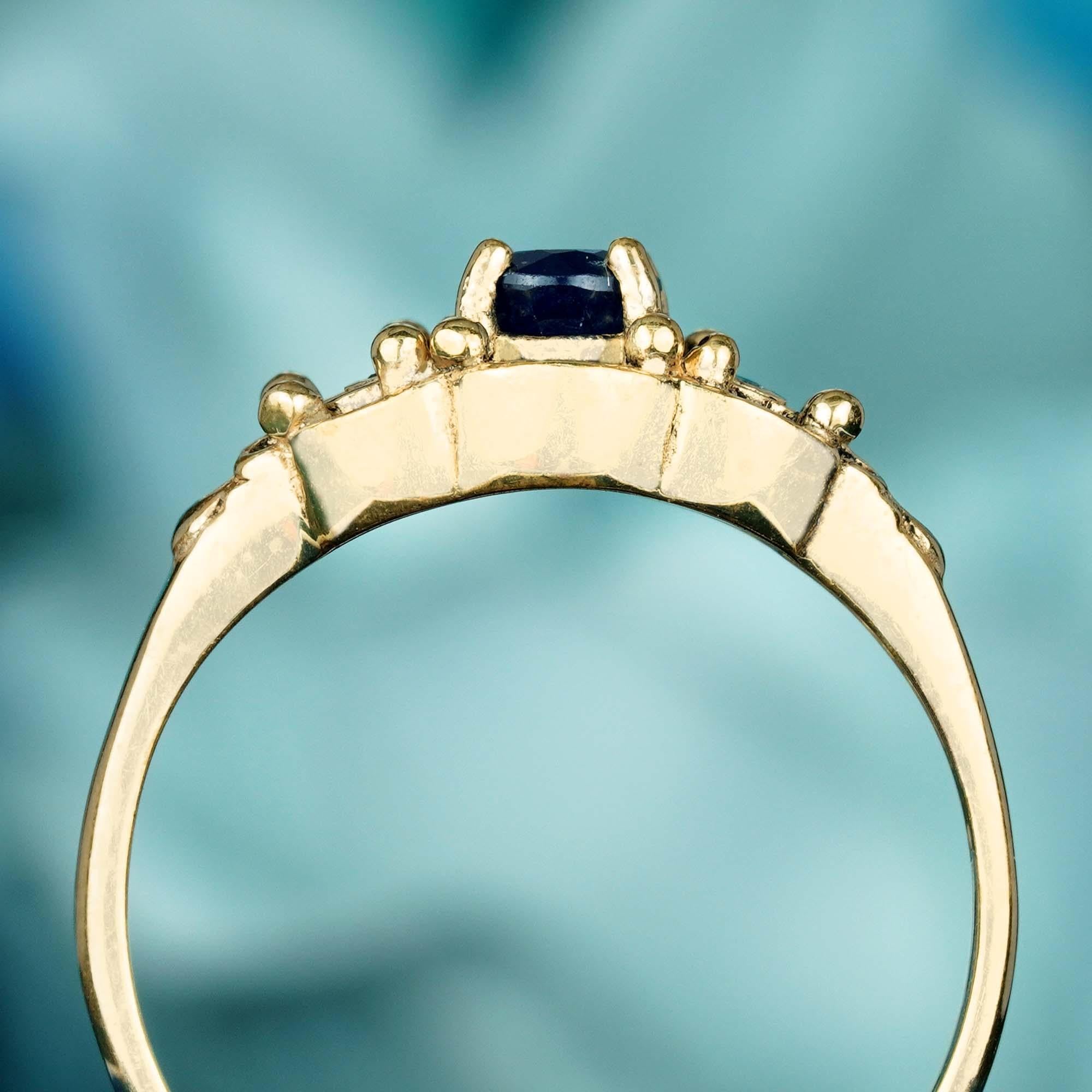 Natural Blue Sapphire and Diamond Vintage Style Ring in Solid 9K Yellow Gold 5
