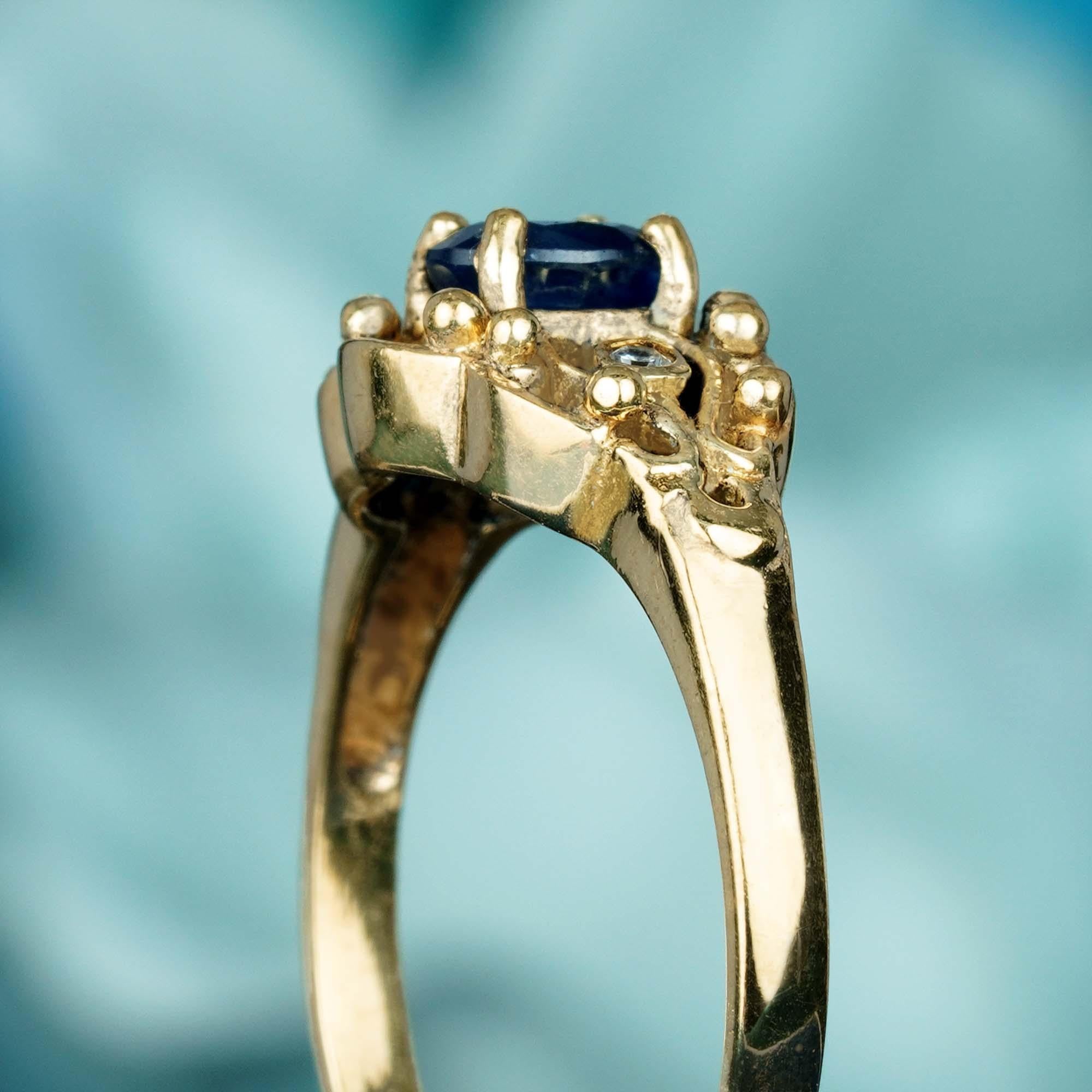 Natural Blue Sapphire and Diamond Vintage Style Ring in Solid 9K Yellow Gold 6