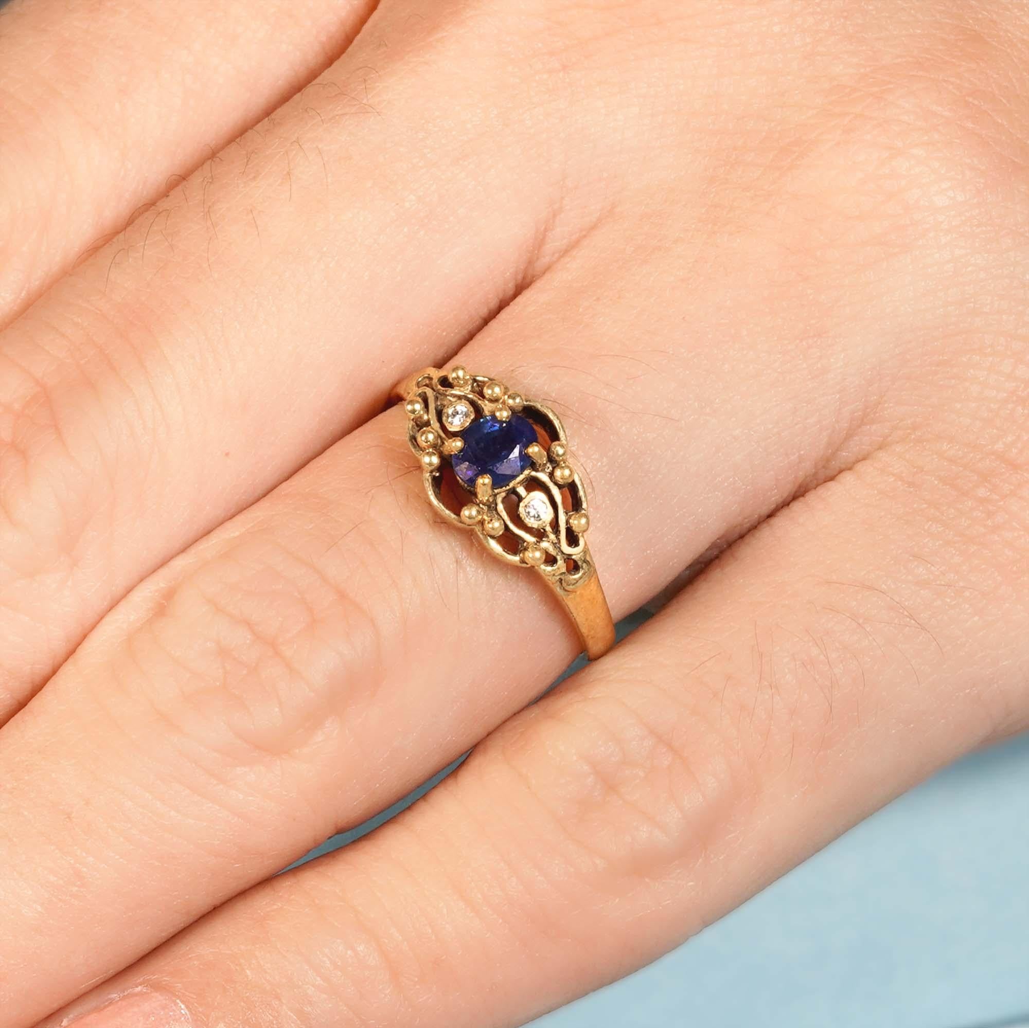 Natural Blue Sapphire and Diamond Vintage Style Ring in Solid 9K Yellow Gold 9