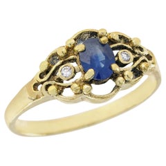 Natural Blue Sapphire and Diamond Vintage Style Ring in Solid 9K Yellow Gold